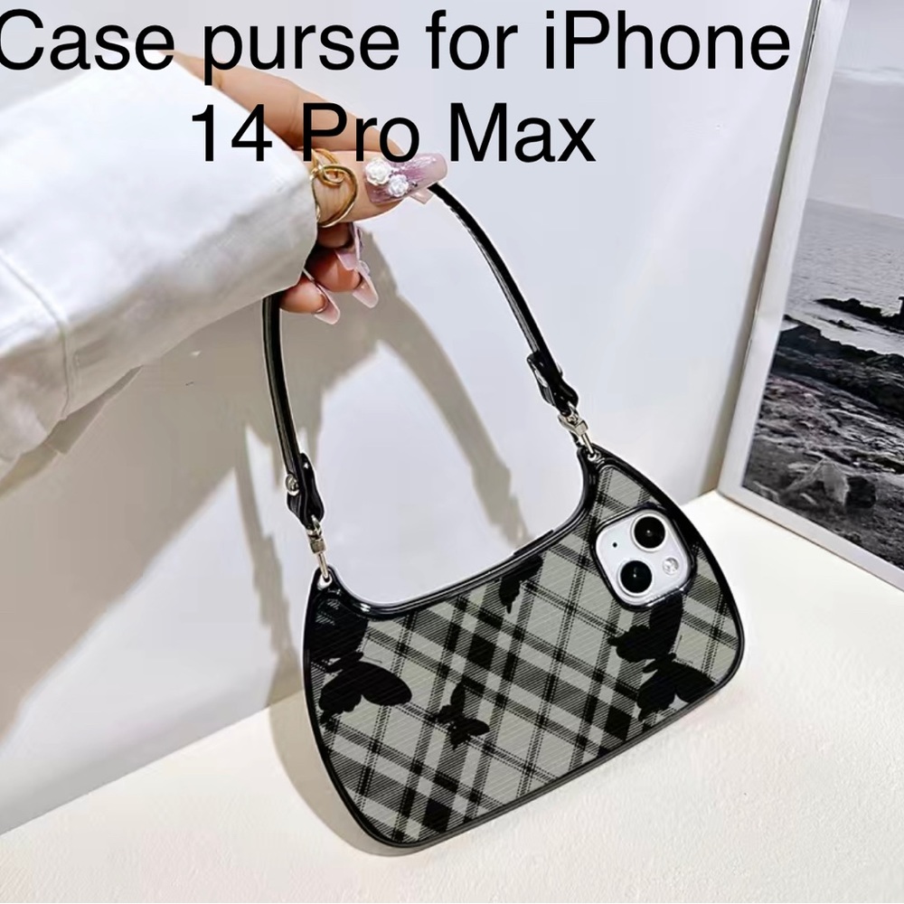 Fashion Plaid Butterfly iPhone 14 Pro Max Case Purse - Black